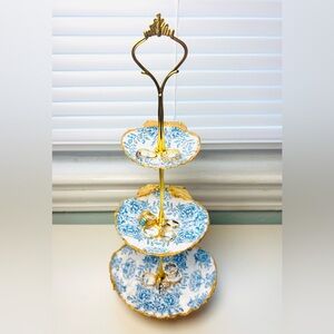 Handmade 3 Tier Scallop Shell Jewelry Stand With Blue Floral Decoupage Design